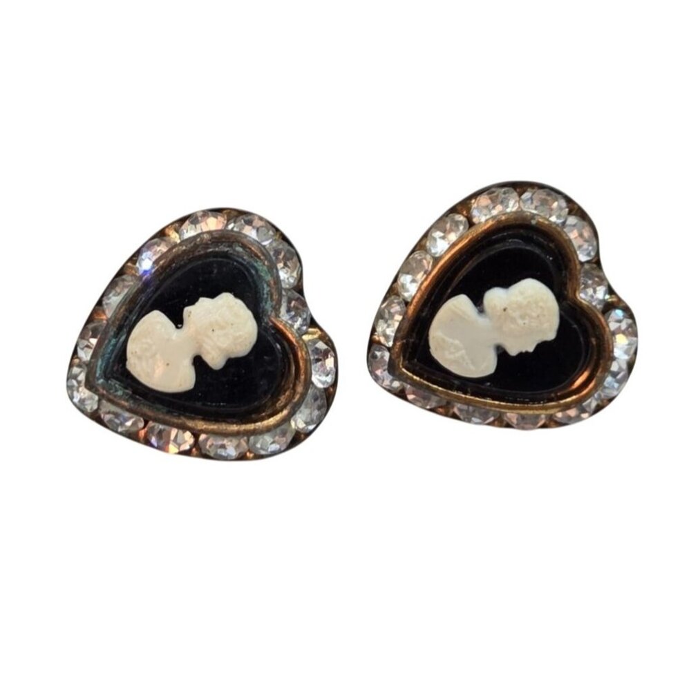 Vintage Earrings Cameo Heart Crystal Rhinestone Screw Back Clip On